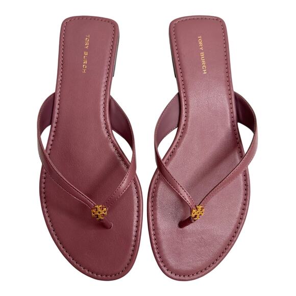 Tory Burch New! Lavender Pink Leather Flip Flop Sandals Gold Logo Summer Vacay 9 - Picture 1 of 9